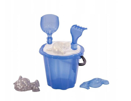 ZESTAW DUŻY WIADERKO DO PIASKU Z FOREMKAMI: ŻÓŁWIK, DELFIN, KONIK MORSKI