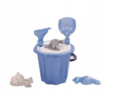 ZESTAW DUŻY WIADERKO DO PIASKU Z FOREMKAMI: ŻÓŁWIK, DELFIN, KONIK MORSKI