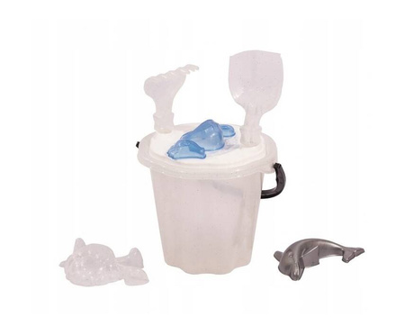 ZESTAW DUŻY WIADERKO DO PIASKU Z FOREMKAMI: ŻÓŁWIK, DELFIN, KONIK MORSKI