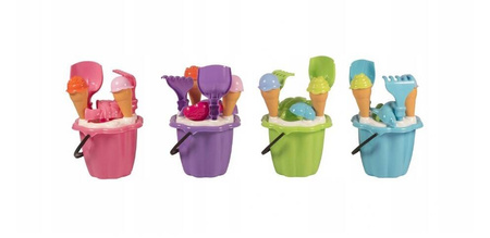 Wiaderko do piasku z lodami i foremkami łopatka i grabki