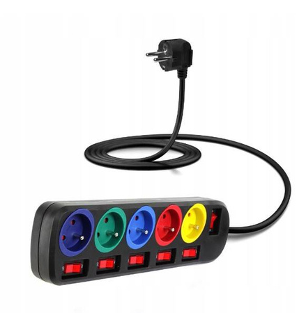 Przedłużacz 1,5 m 5 gniazdek z wyłącznikiem przeciążeniowym