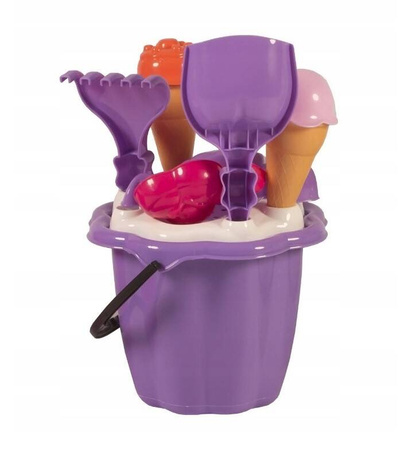 Wiaderko do piasku z lodami i foremkami łopatka i grabki