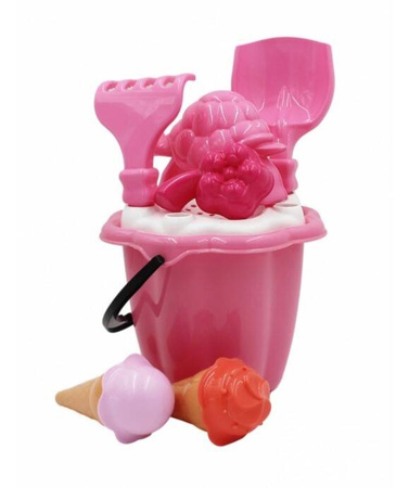 Wiaderko do piasku z lodami i foremkami łopatka i grabki